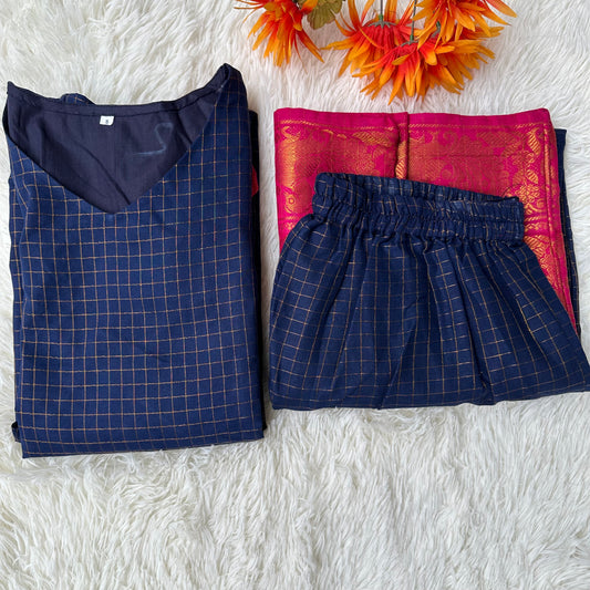 Sungudi Splendor: Navy Blue and Pink Kurta with Palazzo Pants Set
