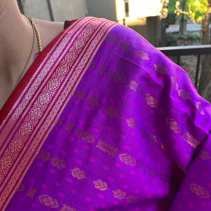 Regal Radiance: Purple & Pink Semi-Pattu Saree with Paithani Border and Buttis