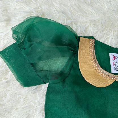 Golden Elegance: Tissue Frock with Vibrant Green Top