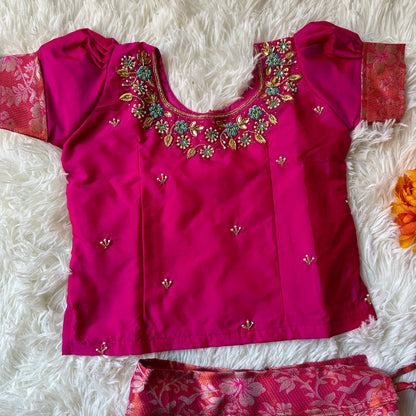 PRE ORDER - Radiant Elegance: Rani Pink Aari Work Top with Silver Zari Skirt