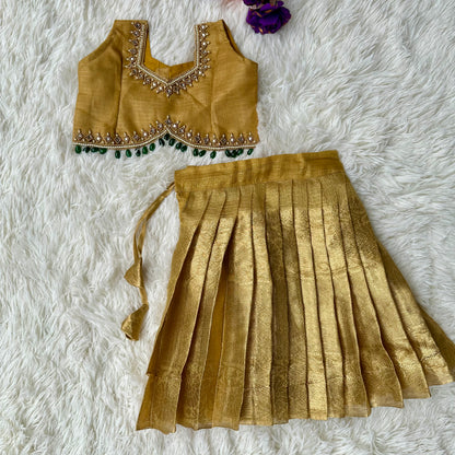 Golden Glow: Tissue Crop Top and Skirt Set with Intricate Aari Work