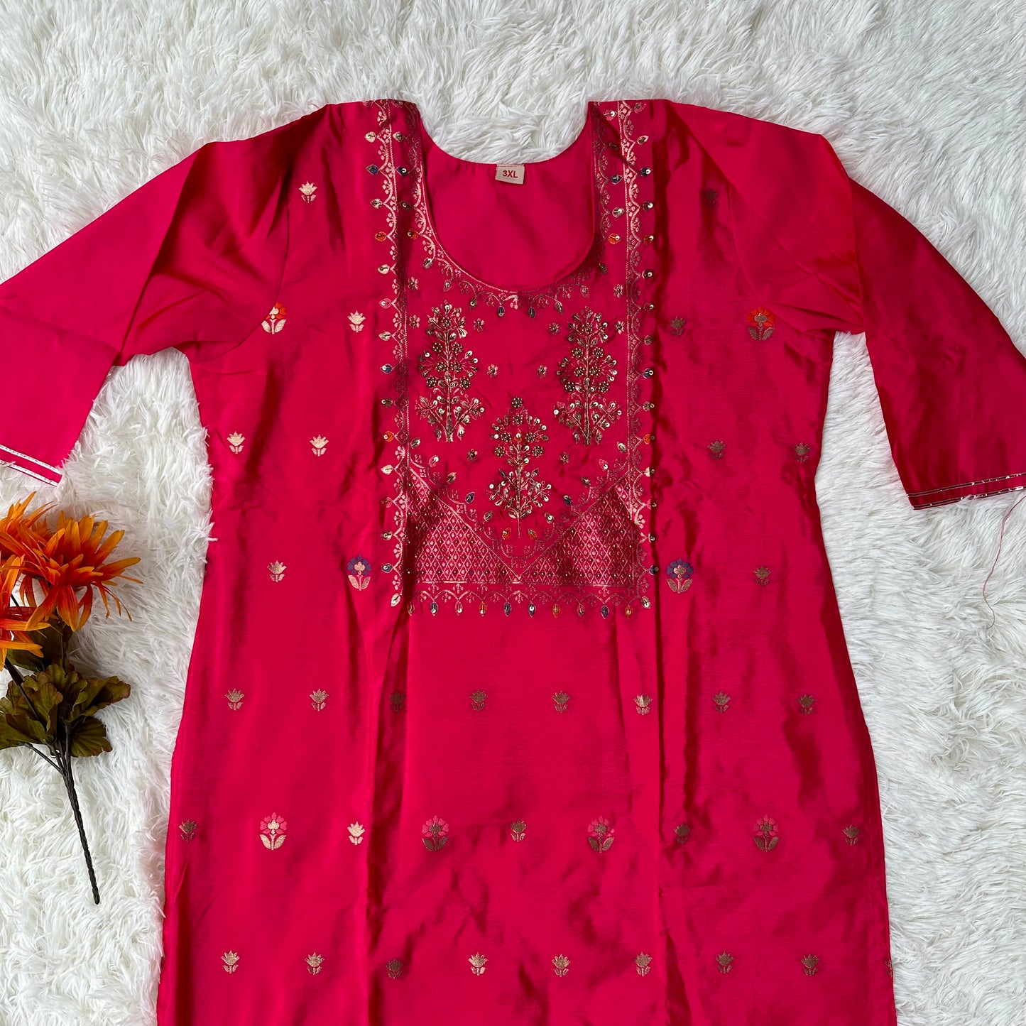 Ravishing Rani Pink Dola Silk Kurta Set - Intricate Bead and Zari Work