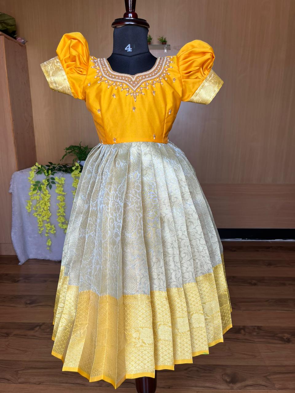 PRE ORDER : Stunning Beauty: Silver and Yellow Frock with Aari Work