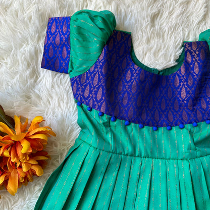 Majestic Waves: Sea Green and Royal Blue Frock with Puff Sleeves
