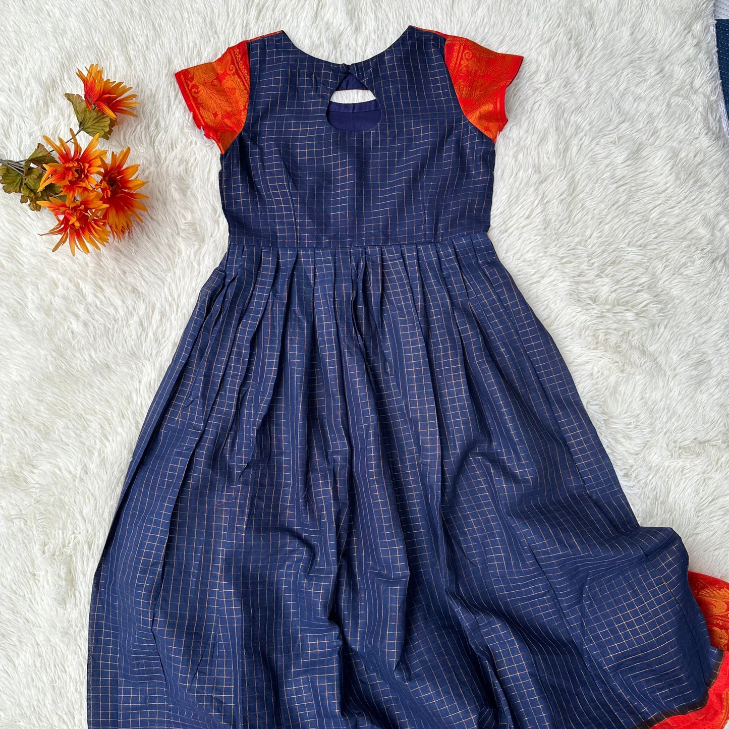 PRE-ORDER: Chic Elegance: Navy Blue and Red Sungudi Frock