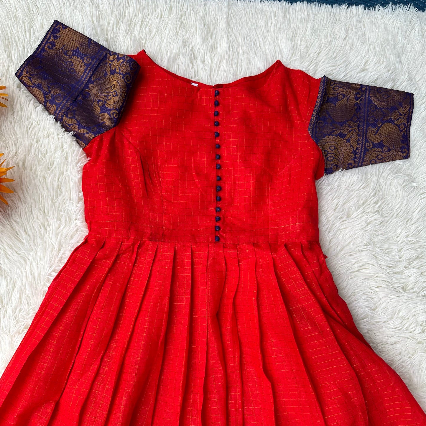 Red and Blue Sungudi frock with cotton lining