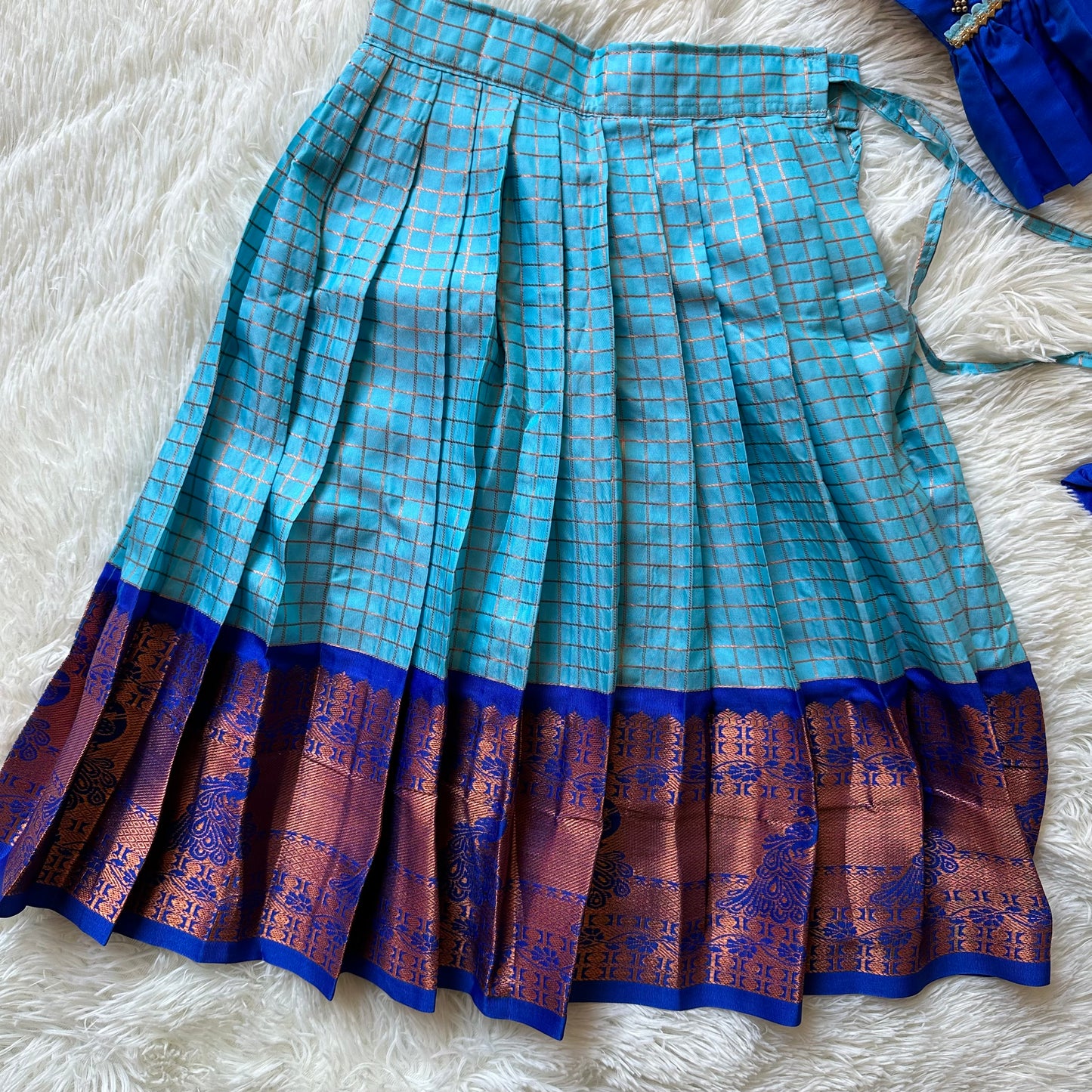 Chic Comfort: Semi Silk Sky Blue Checked Skirt & Royal Blue Peplum Top