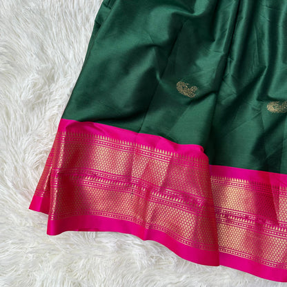 PRE ORDER : Graceful Harmony: Green Maxi Gown with Pink Kanchi Soft Silk Border