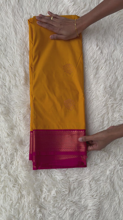 Radiant Grace: Yellow Semi Silk Saree with Pink Border, Embracing Tradition