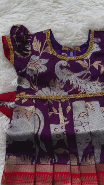 Playful Purple & Red Paithani Kids Frock: Colorful Peacock Motif