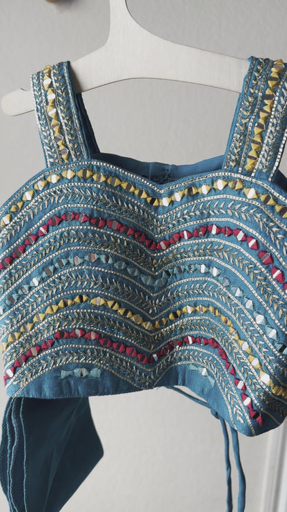 Radiant Rama Green: Mirror Work Spaghetti Crop Top & Foil Print Skirt Set