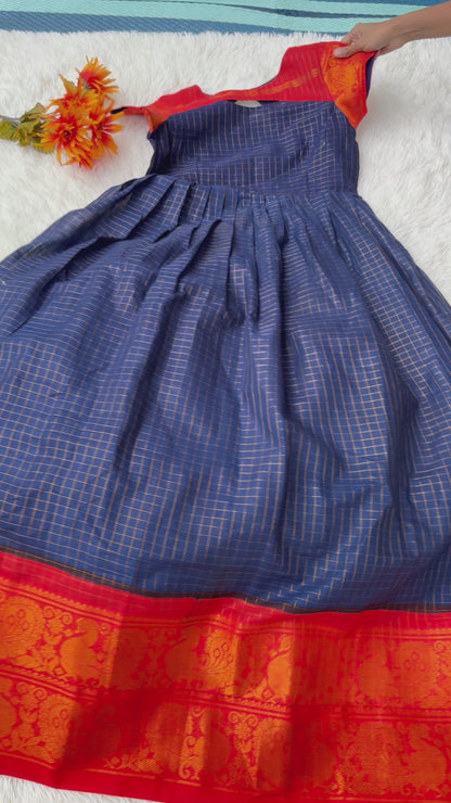 Chic Elegance: Navy Blue and Red Sungudi Frock