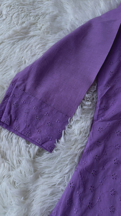 Lavender Bliss: Cotton Hakoba Kurta Set with Mul Cotton Lining & Stylish Accents