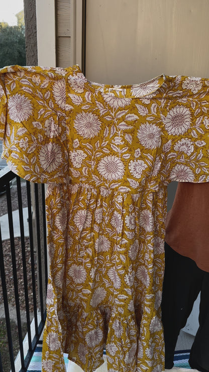 Sunny Vibes: Yellow Cotton Floral Print Flared Western Dress for Comfort