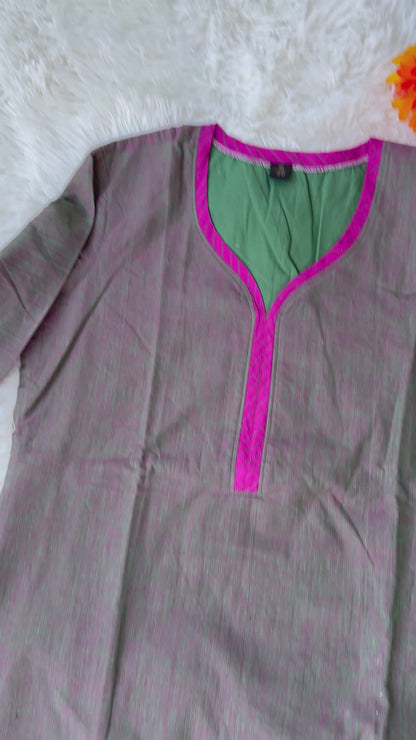 Cultural Charm: Green & Pink South Handloom Kurta Set with Self Thread Dupatta