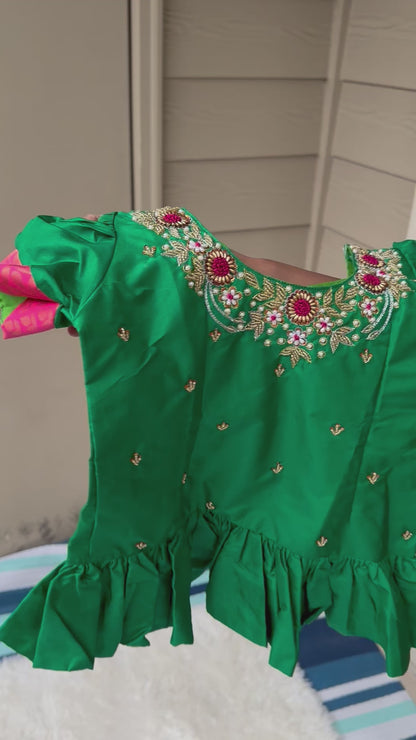 Lush Harmony: Green Top with Pink Aari Work Skirt