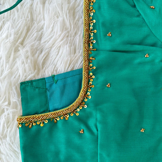 Emerald Elegance: Handcrafted Green Silk Cotton Blouse with Aari Work